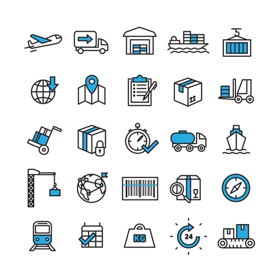 Logistics and delivery concept line icons set with time and transport symbols flat isolated vector illustration