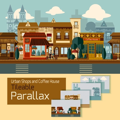 Shops tileable parallax with buildings on different layers vector illustration