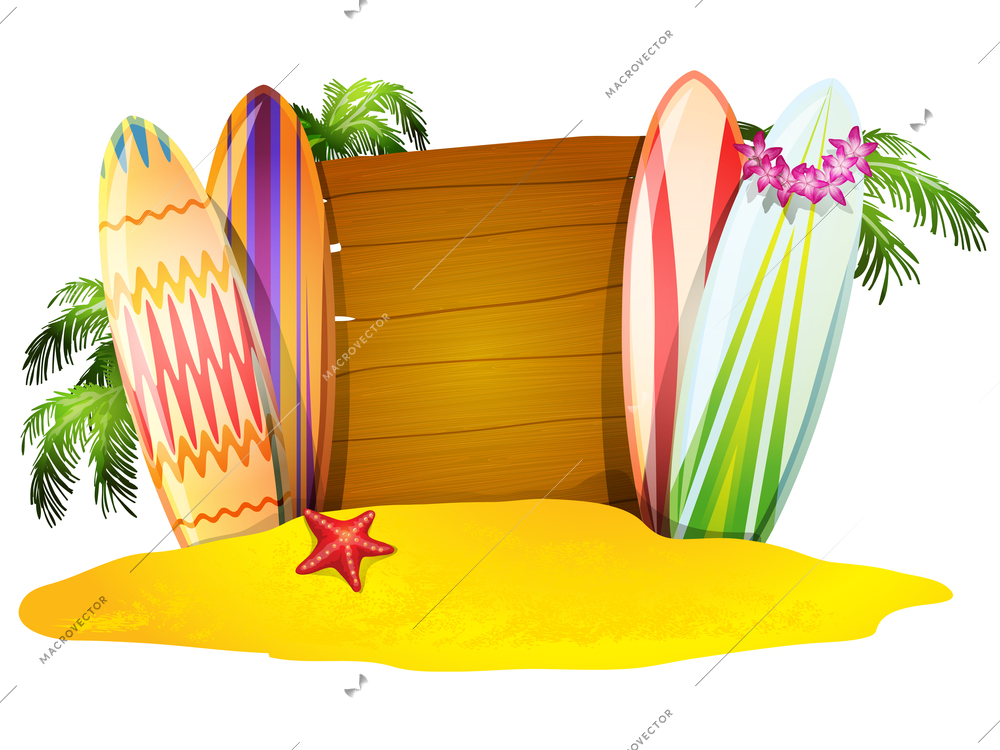 Summer vacation  poster  surfboards sand   starfish and  palm trees  vector illustration