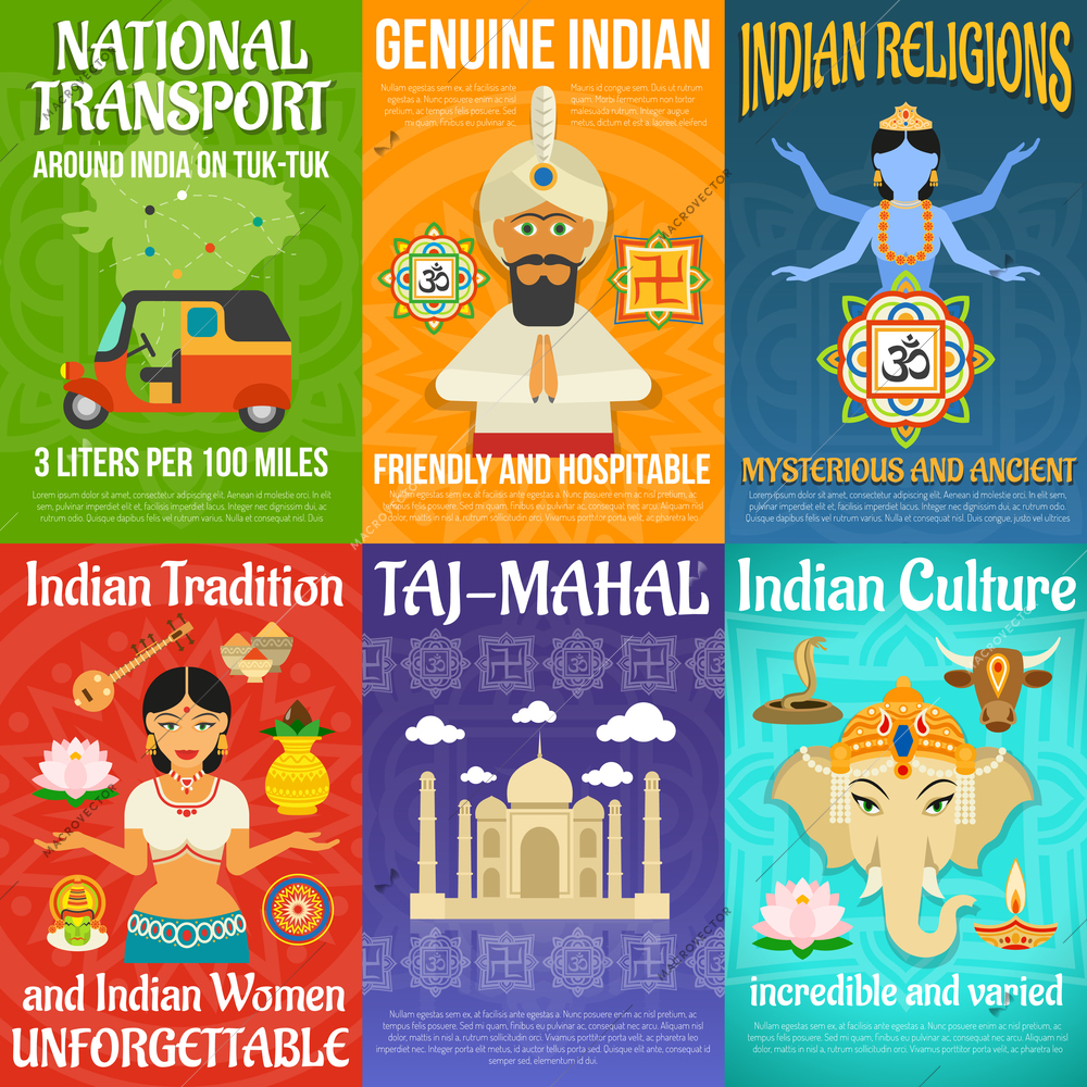 India poster mini set with national transport religions and culture isolated vector illustration