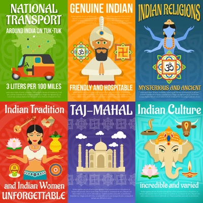 India poster mini set with national transport religions and culture isolated vector illustration