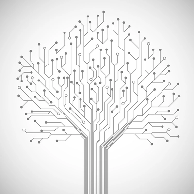 Abstract computer technology integrated circuit board tree symbol emblem or poster vector illustration