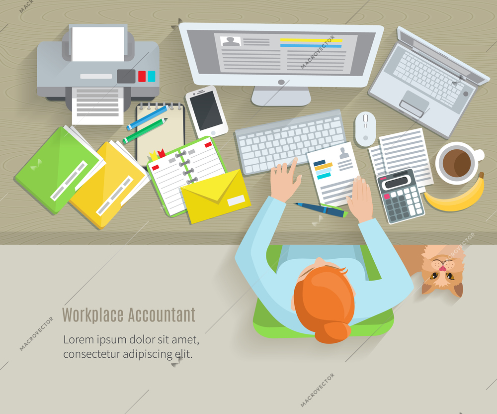 Accounter top view workplace with woman sitting and working objects flat vector illustration