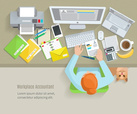 Accounter top view workplace with woman sitting and working objects flat vector illustration