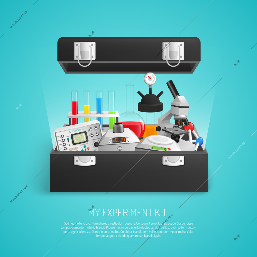 Science realistic set with chemical lab equipment 3d vector illustration