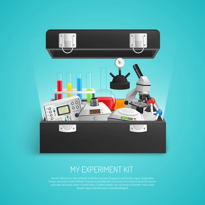 Science realistic set with chemical lab equipment 3d vector illustration