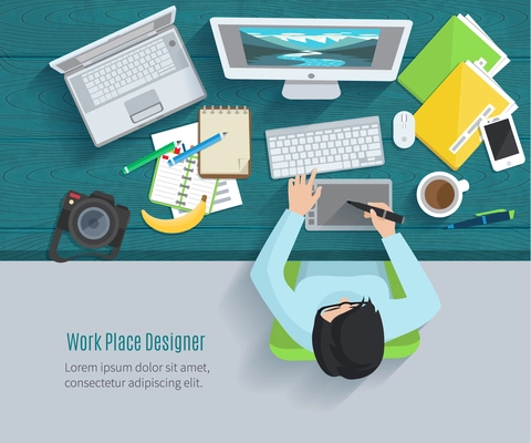 Designer workplace flat with top view woman at table and design gadgets vector illustration