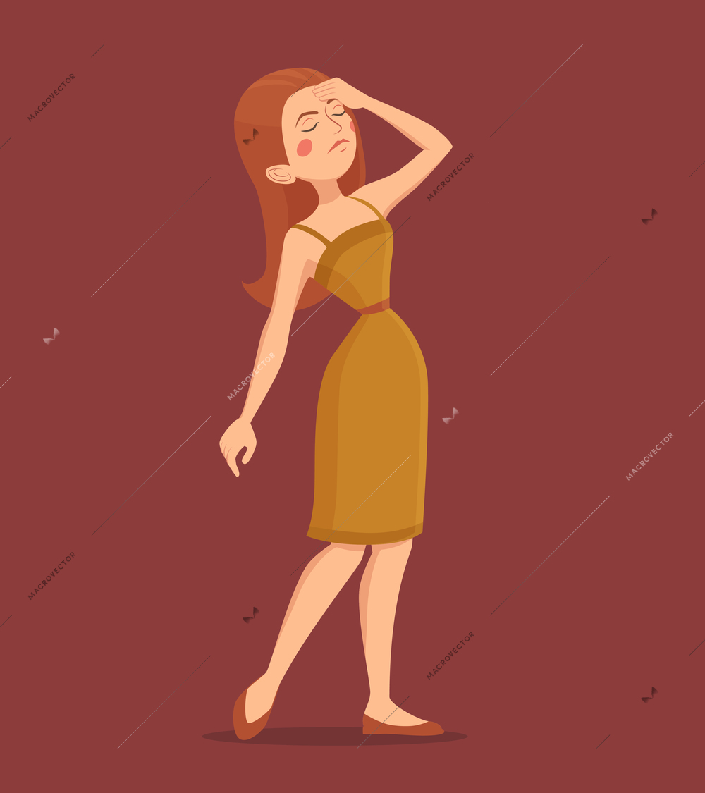 Fatigue red-haired woman wearing dress and shoes cartoon vector illustration