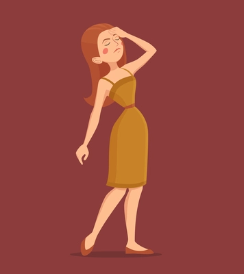 Fatigue red-haired woman wearing dress and shoes cartoon vector illustration
