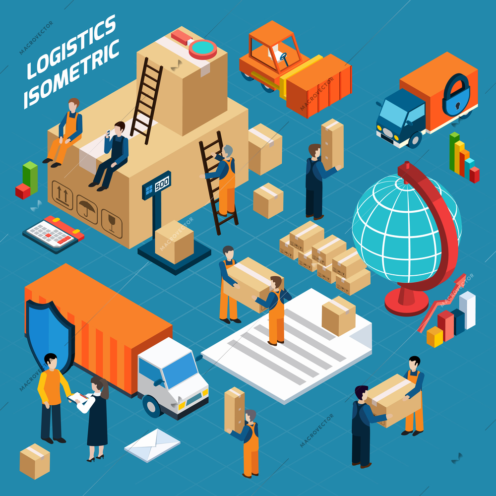 Isometric warehouse logistic concept with workers packed goods forklift and containers  vector illustration