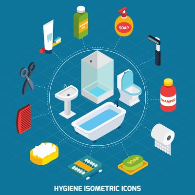 Hygiene isometric icons set  with bathroom equipment and  toiletries vector illustration