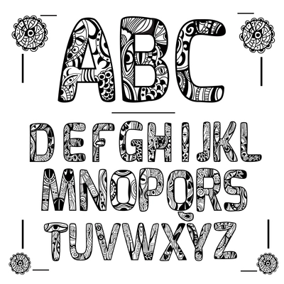 Zentangle alphabet black capital letters with decorative ornament isolated vector illustration