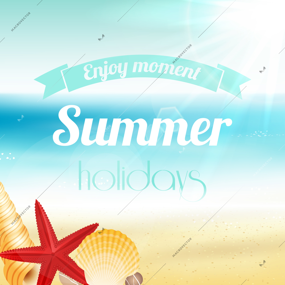 Summer holiday vacation travel background poster with seascape starfish and seashells vector illustration