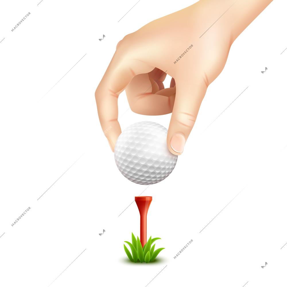 Hand putting a golf ball on a tee realistic background vector illustration