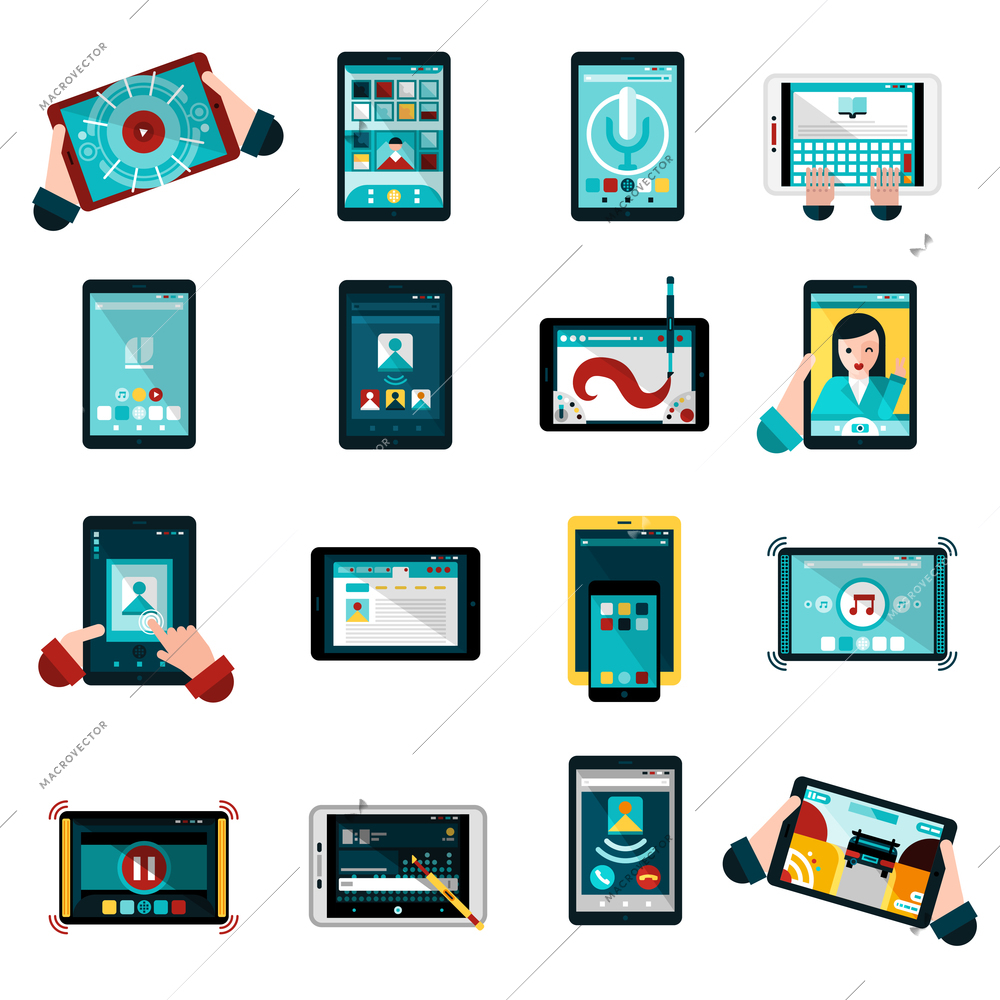 Phablet icons set with music photos and games flat isolated vector illustration