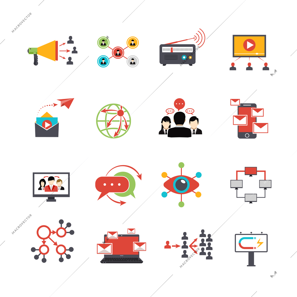 Viral marketing advertisement replicating technique via social media service technologies flat icons set abstract isolated vector illustration