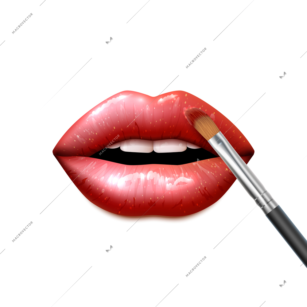 Lips make up with bright sparkling lipstick and a brush realistic vector illustration