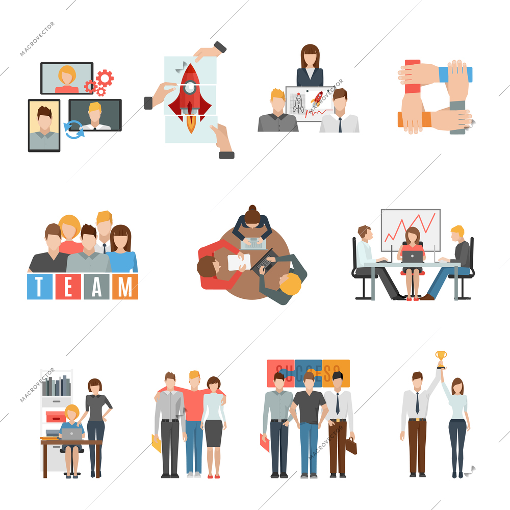 Teamwork  effective management as way to success flat icons collection of team members abstract isolated vector illustration