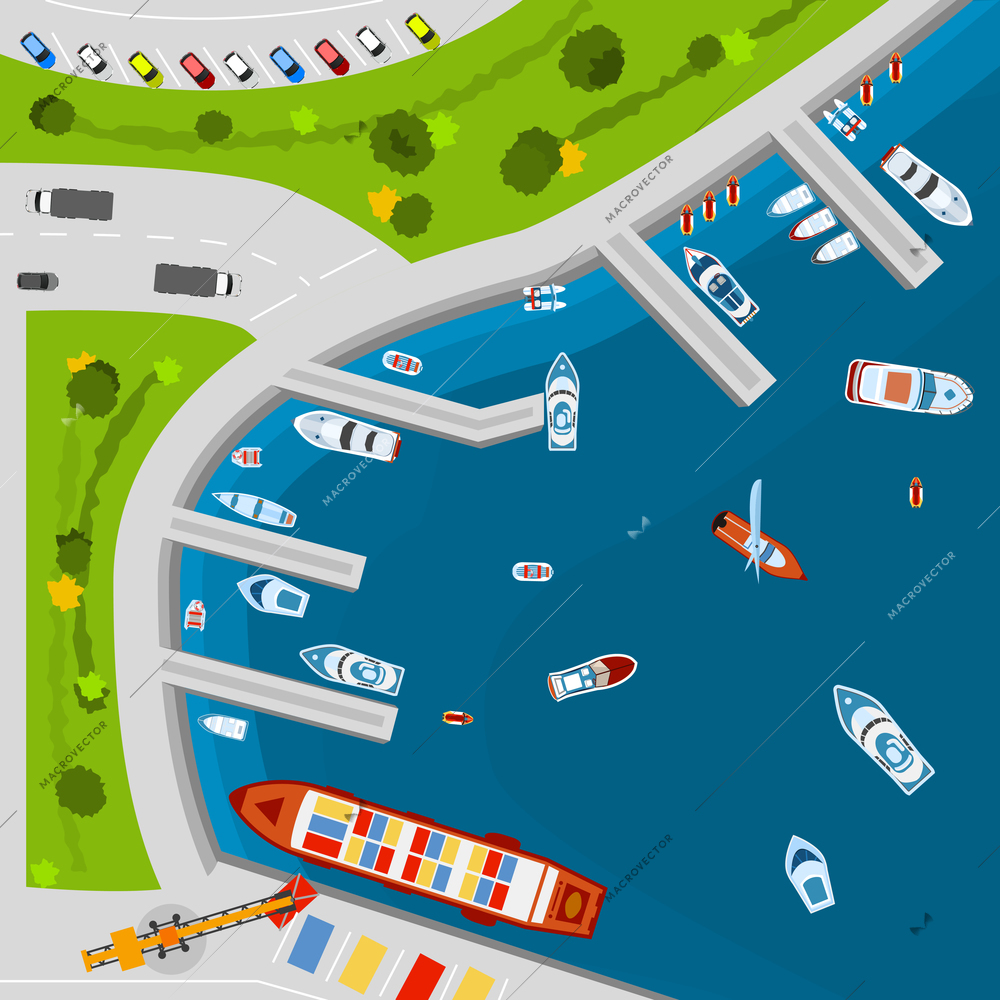 Seaside dockyard harbor terminal area with cargo vessels top view from above poster flat abstract vector illustration