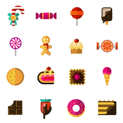 Sweets icons set with chocolate pie and ice cream flat isolated vector illustration