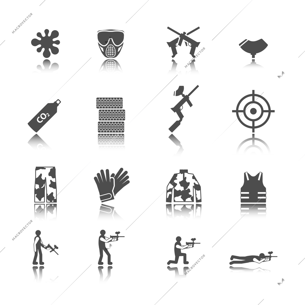 Paintball outdoor game black stickers icons collection isolated vector illustration