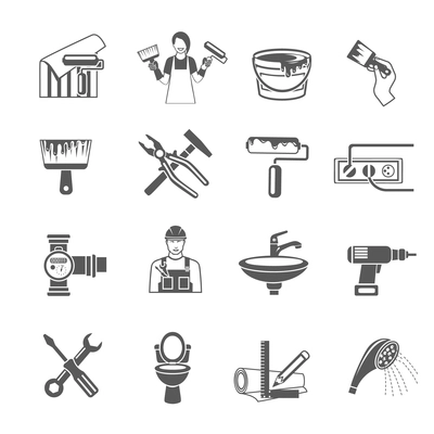 Home repair black icons set with housework and renovation tools isolated vector illustration