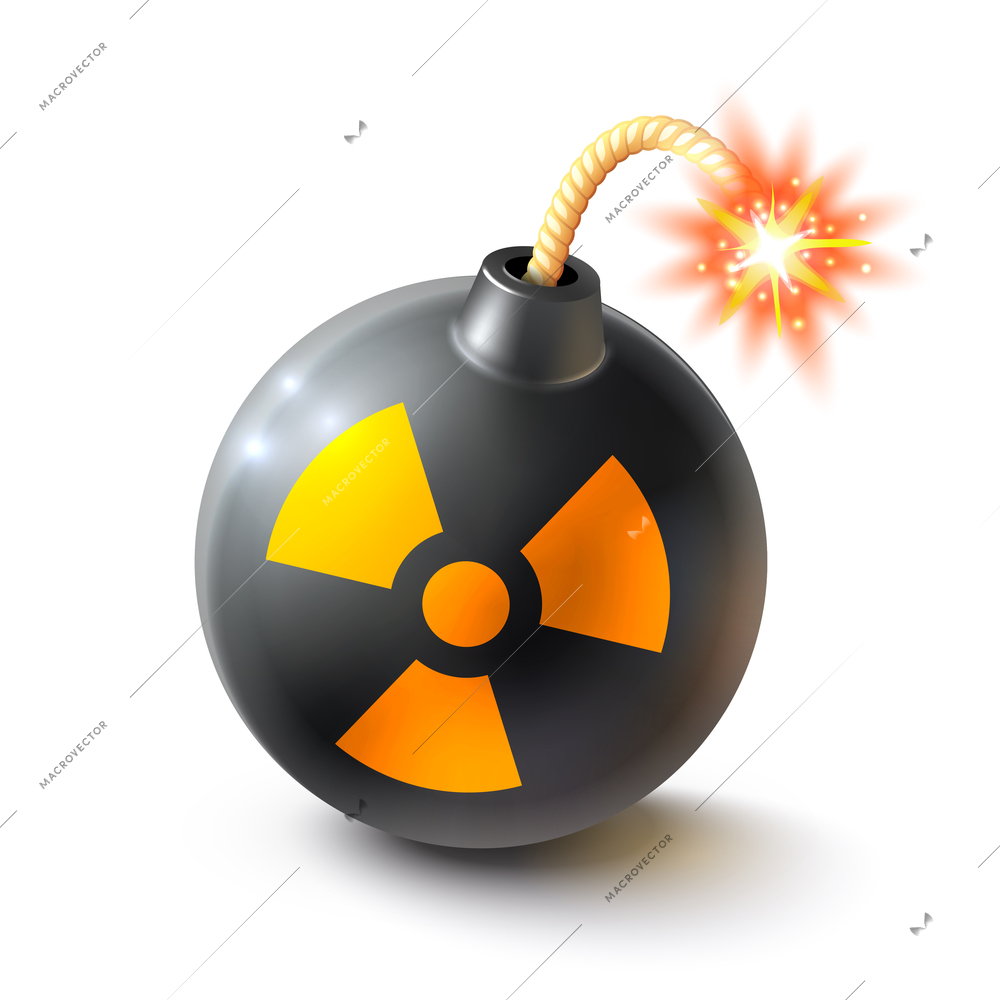 Black round bomb with radioactive sign and burning fuse realistic isolated vector illustration