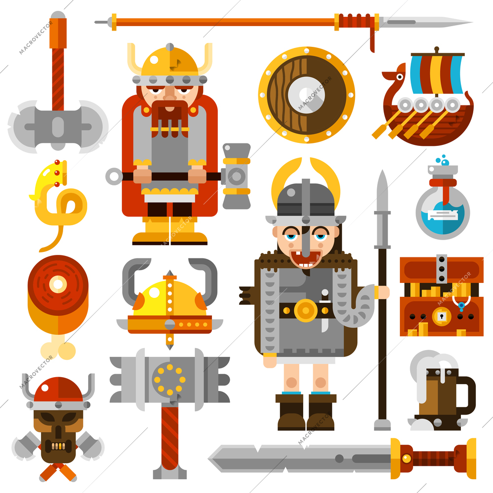 Vikings icons set with sword hammer and shield flat isolated vector illustration