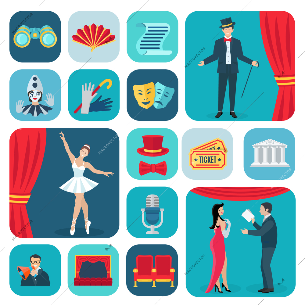 Theater icons flat set with actors and decoration symbols isolated vector illustration