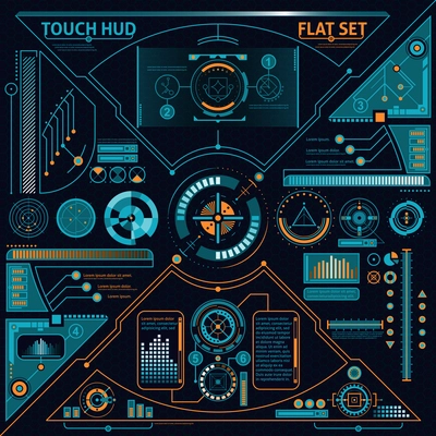 Touch HUD flat set with diagrams and charts on black background isolated vector illustration