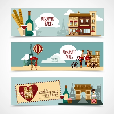 Paris horizontal banner set with touristic elements isolated vector illustration