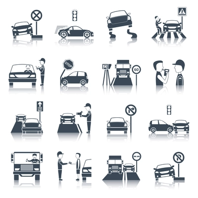 Traffic violation and road security black icons set isolated vector illustration