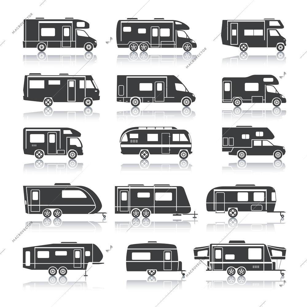 Recreational vehicles for family tourism and vacation black icons set isolated vector illustration