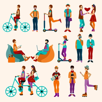 Hipster people flat set with active young trendy males and females avatars isolated vector illustration