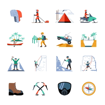 Expedition hiking and mountain climbing icons set isolated vector illustration