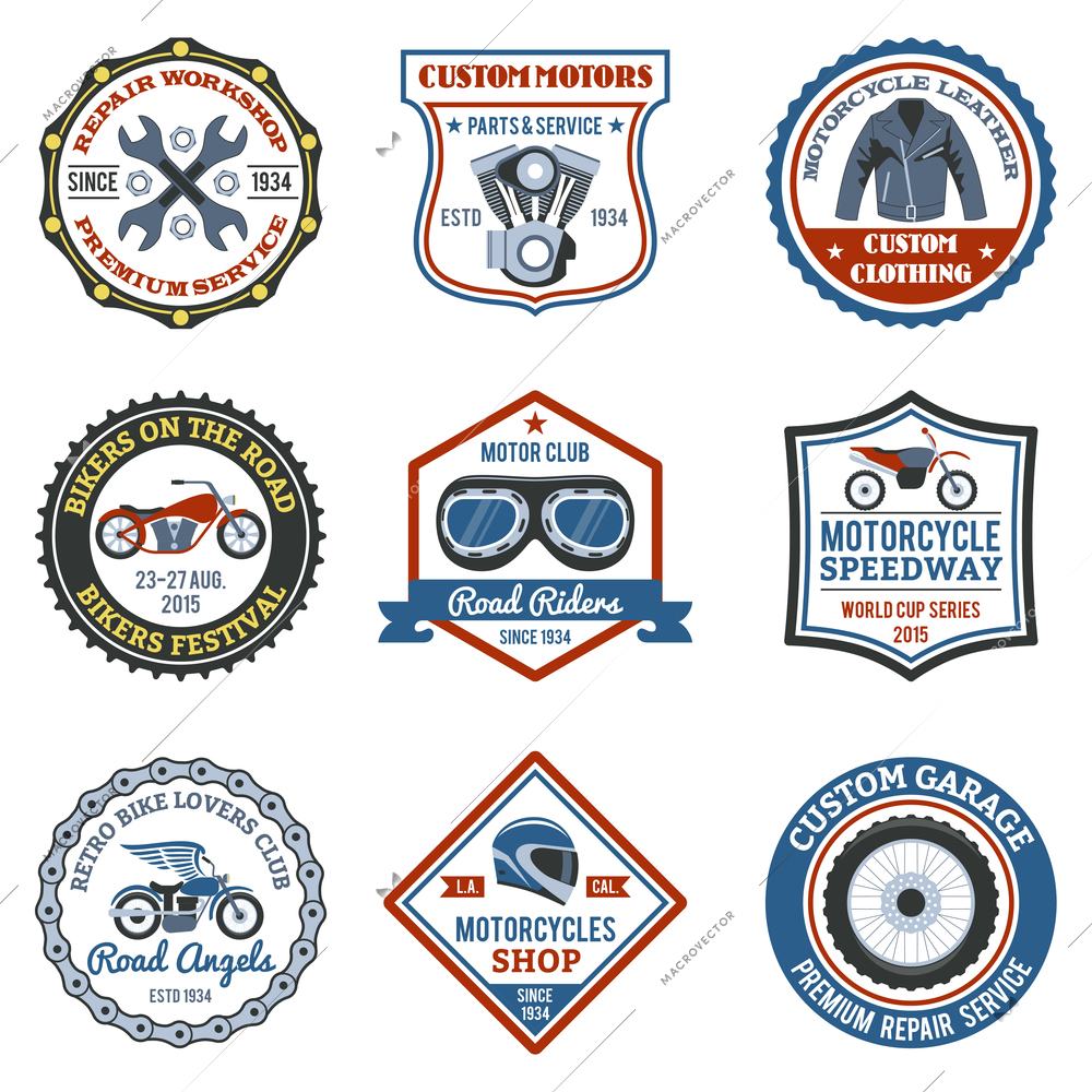 Motorcycle label colored set with transport clothing and workshop symbols isolated vector illustration