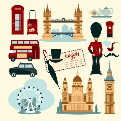London touristic set with flat telephone booth tower bridge and cab isolated vector illustration