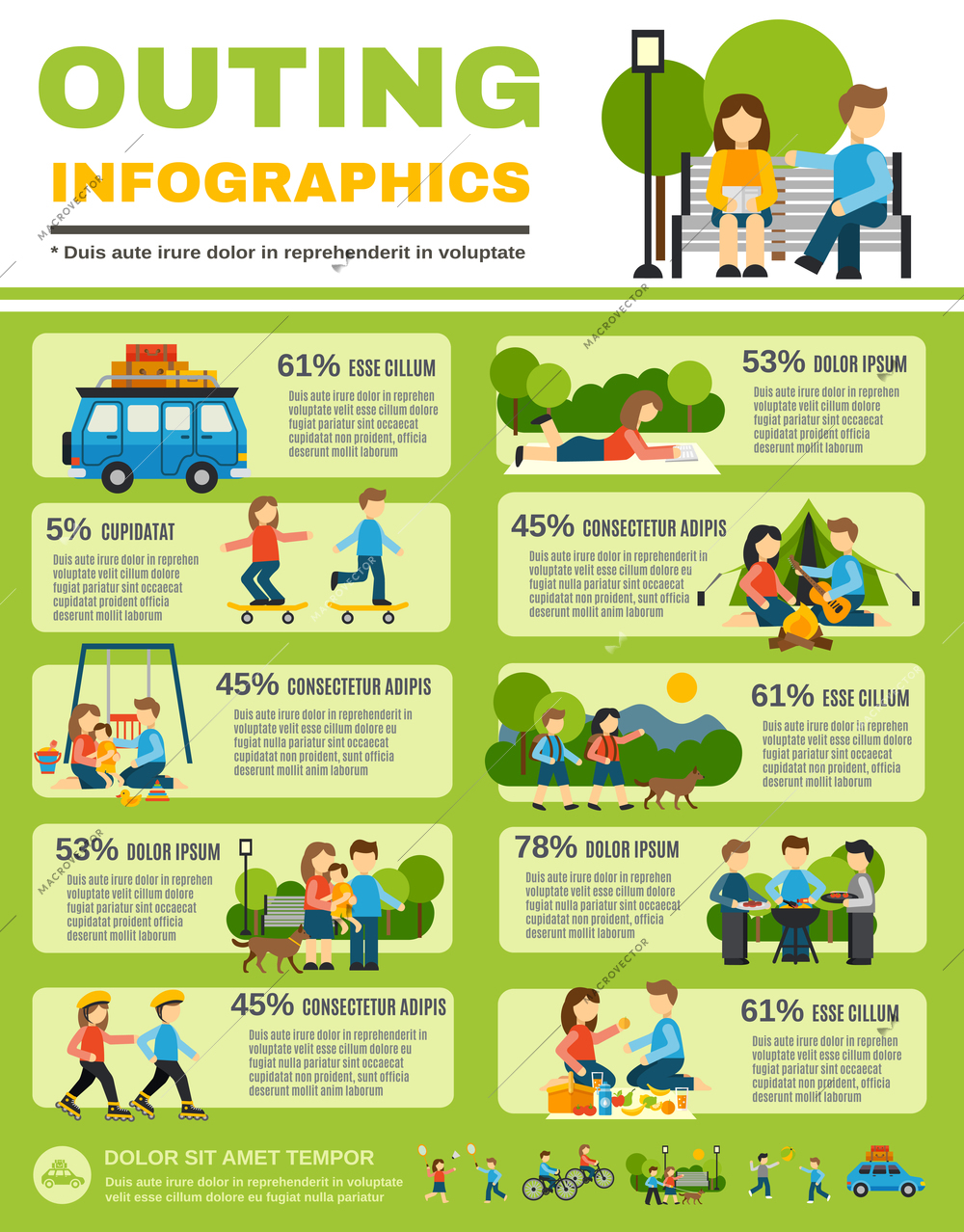 Outing infographics set with families with kids outdoors vector illustration