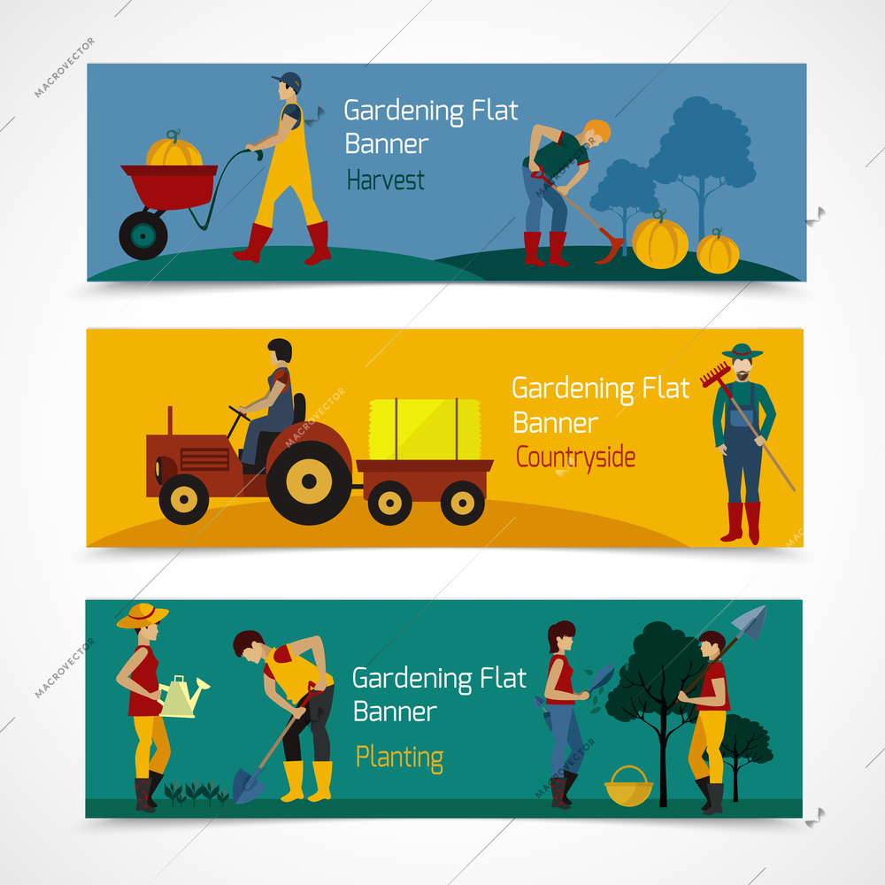 Gardening people horizontal banners set with vegetable and fruit trees planting flat icons isolated vector illustration