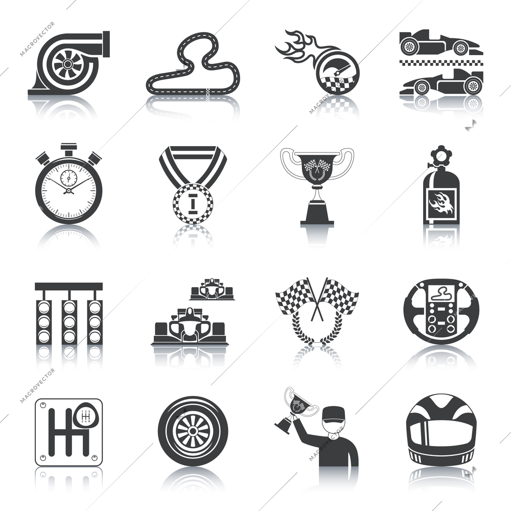 Racing icons black set with trophy auto helmet timer isolated vector illustration