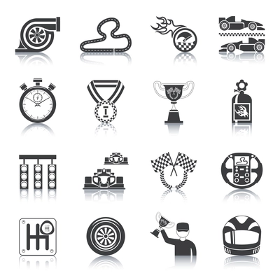 Racing icons black set with trophy auto helmet timer isolated vector illustration