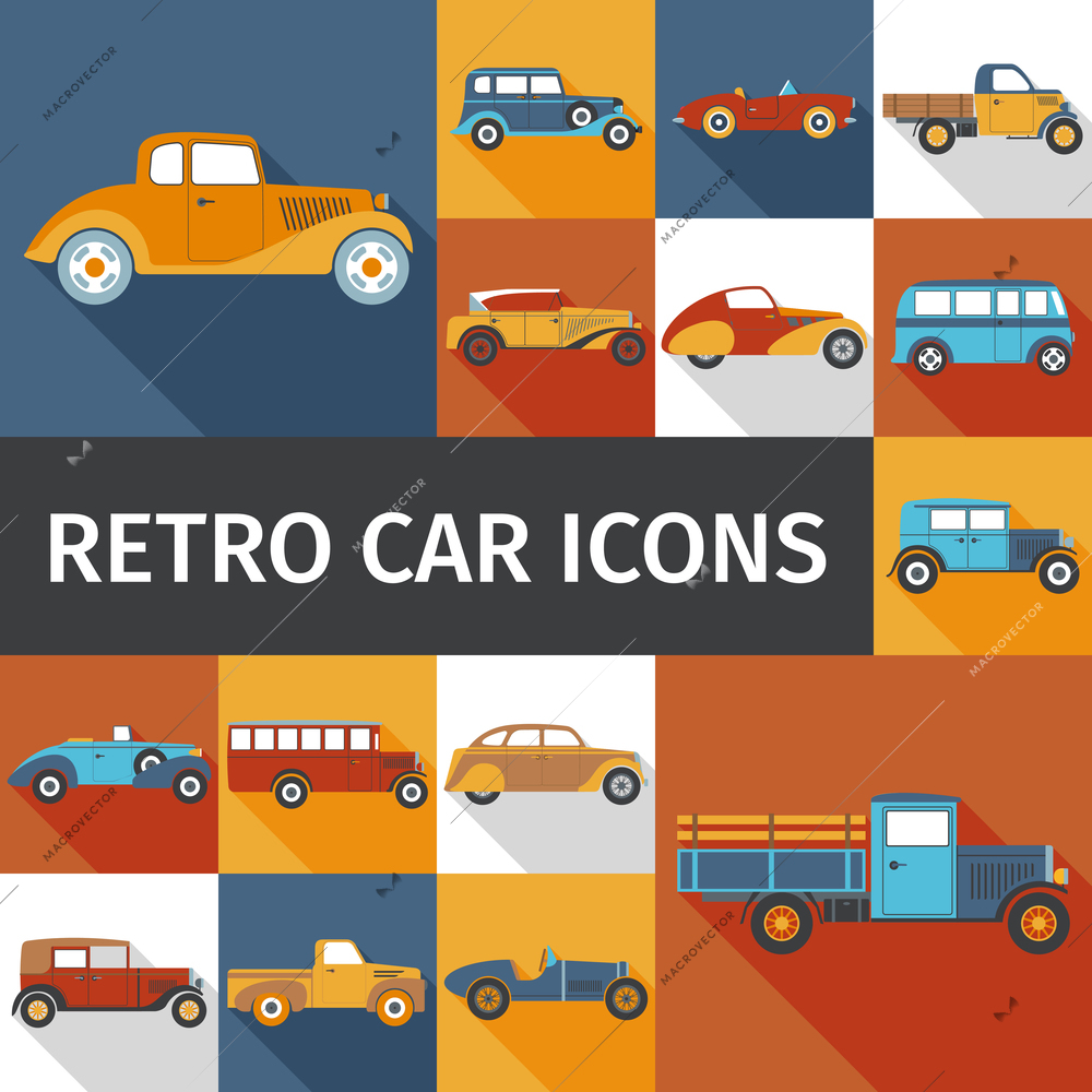 Old cars and retro autos flat icons set isolated vector illustration