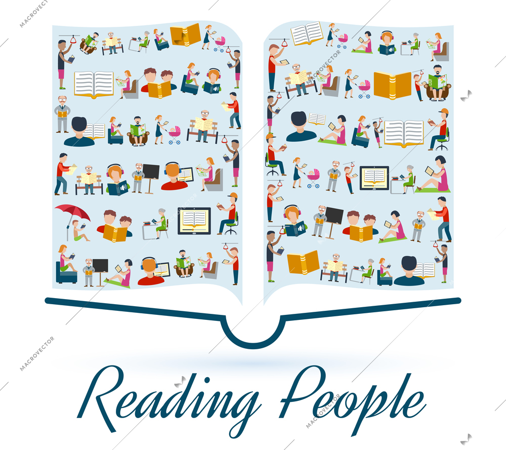 Reading concept with reading people icons set in book shape vector illustration