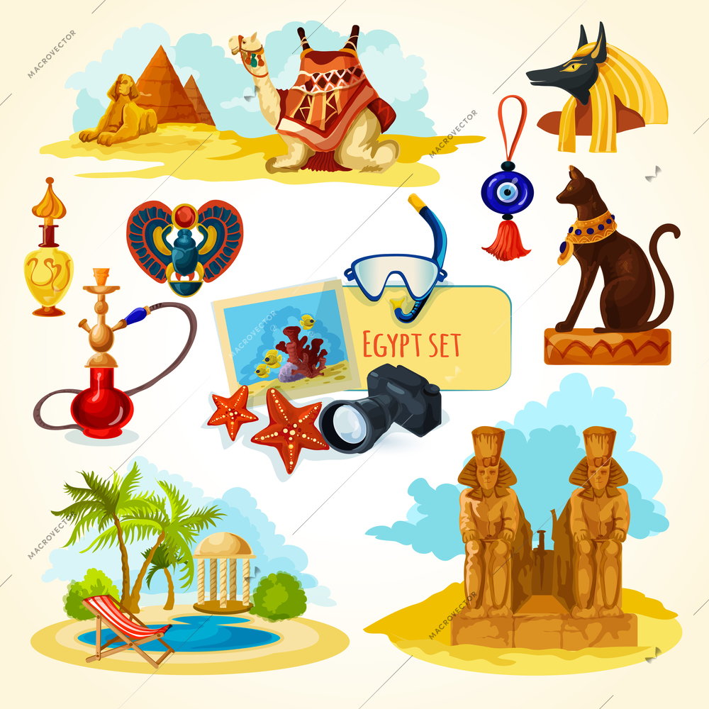 Egypt touristic set with cartoon travel attractions isolated vector illustration