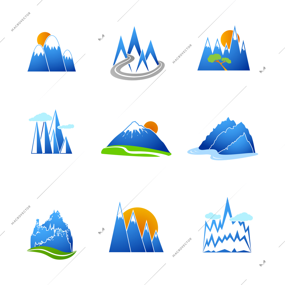 A collection of blue mountains peaks outlines with sun and clouds pictograms icons set vector illustration