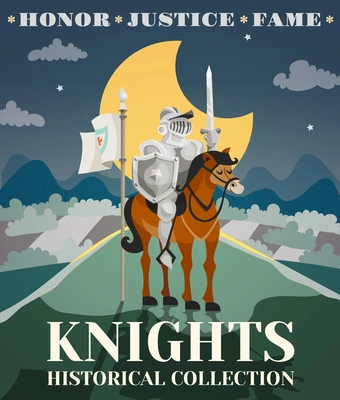 Knight poster with warrior in armor on horse with night landscape on background cartoon vector illustration