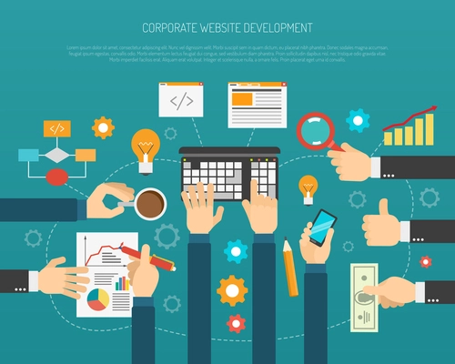 Website development process with hands holding business symbols flat vector illustration