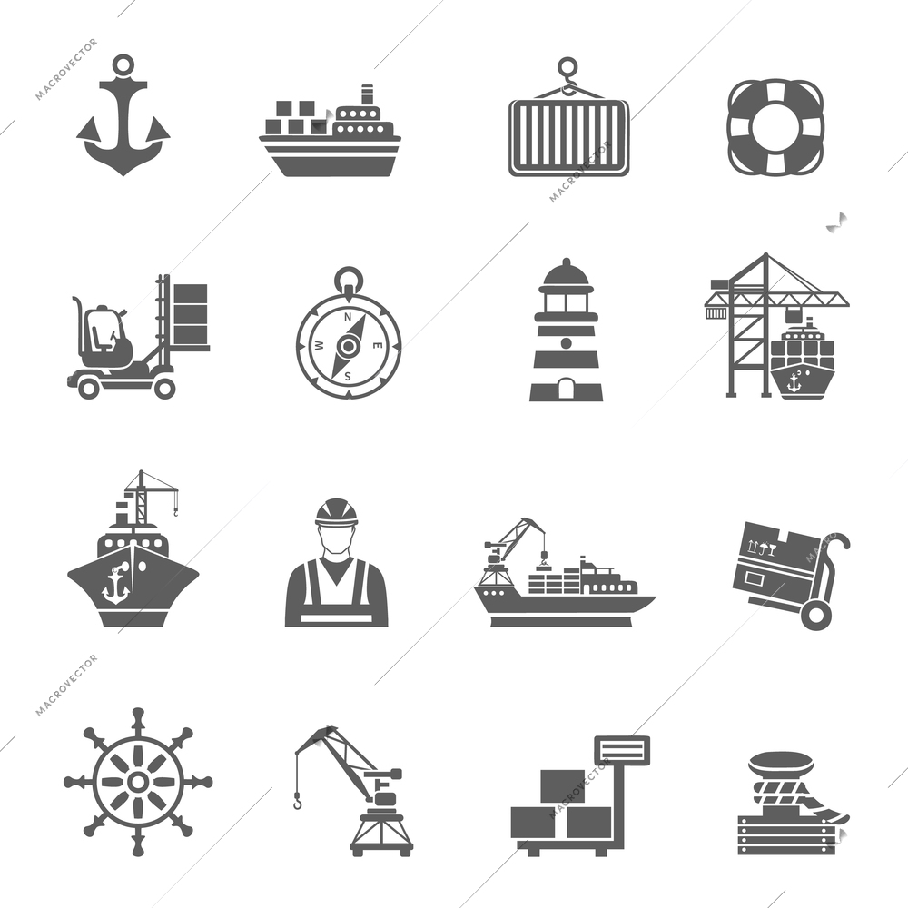 Sea port black icons set with ships and marine transport isolated vector illustration