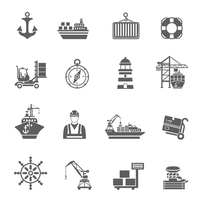 Sea port black icons set with ships and marine transport isolated vector illustration