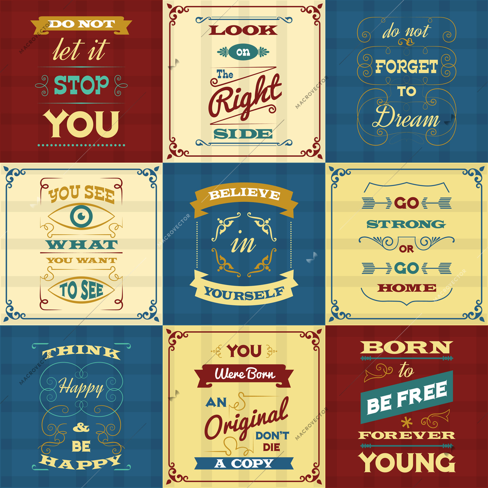 Slogan and motivational sayings typography mini posters set isolated vector illustration